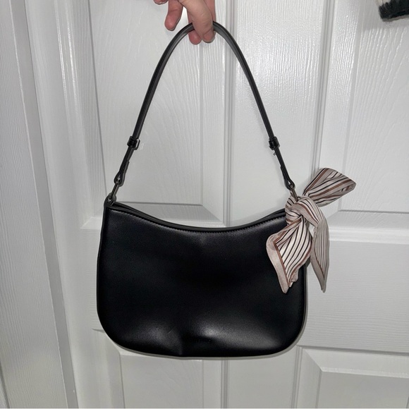 Handbags - Black Women's Shoulder Bag with Scarf Accent